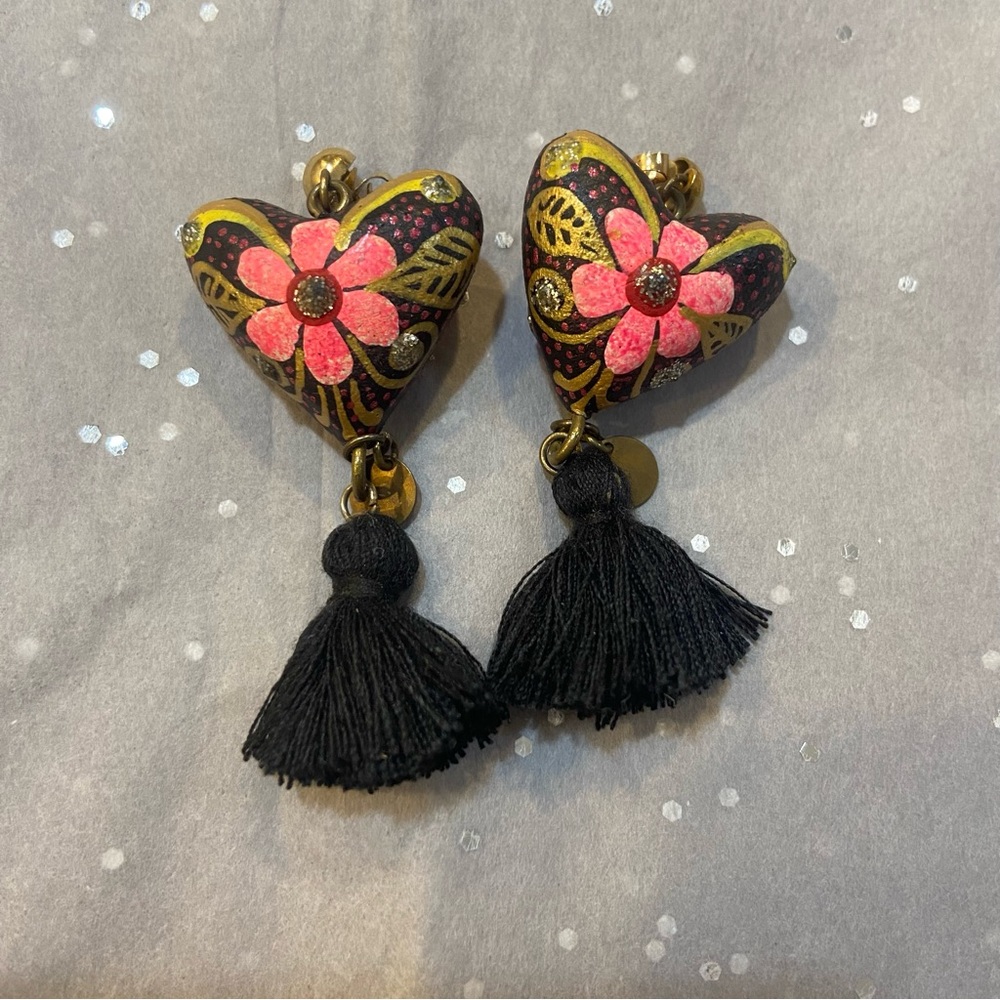 Heart-Shaped Floral Earrings with Tassels